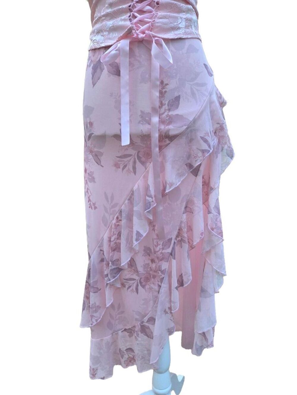 Pink Floral Cami Midi Dress Corset Waist Ruffled Slit Fairycore Garden Medium - Picture 4 of 8